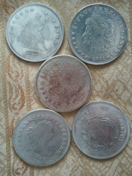 Lot 5 monede S.U.A.1796-1921, diametrul 45 mm, 1000 roni lotul, taxele postale zero/separat 300 roni moneda