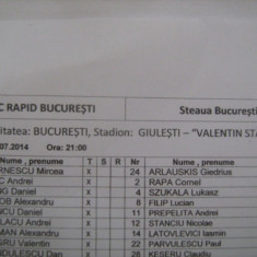 FC Rapid Bucuresti - Steaua Bucuresti (26 iulie 2014) / foaie de joc