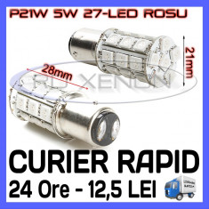 BEC AUTO LED LEDURI P21W 5W (BAY15D) - DUBLU FILAMENT - 27 SMD - STOP, POZITIE, CEATA, FRANA - CULOARE ROSU foto