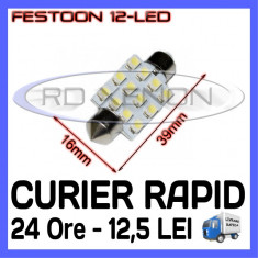 BEC AUTO LED LEDURI - SOFIT FESTOON C5W - 39 mm 12 SMD 3528 - MODEL LAT PENTRU ILUMINARE PLAFONIERA, INTERIOR - CULOARE ALB XENON 6000K foto