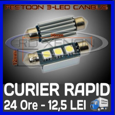 BEC AUTO LED LEDURI - SOFIT FESTOON C5W 36 mm - 3 SMD CANBUS FARA EROARE - ILUMINARE PLAFONIERA, NUMAR - CULOARE ALB XENON 6000K foto