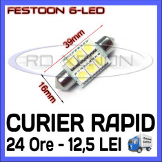 BEC AUTO LED LEDURI - SOFIT FESTOON C5W - 39 mm 6 SMD - ILUMINARE PLAFONIERA, NUMAR - CULOARE ALB XENON 6000K foto