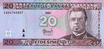 LITUANIA █ bancnota █ 20 Litu █ 1997 █ P-60 █ UNC █ necirculata foto