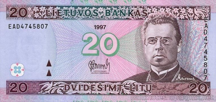 LITUANIA █ bancnota █ 20 Litu █ 1997 █ P-60 █ UNC █ necirculata