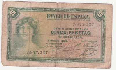 (7) BANCNOTA SPANIA - 5 PESETAS 1935 foto