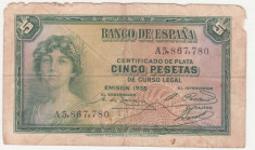 (10) BANCNOTA SPANIA - 5 PESETAS 1935 foto