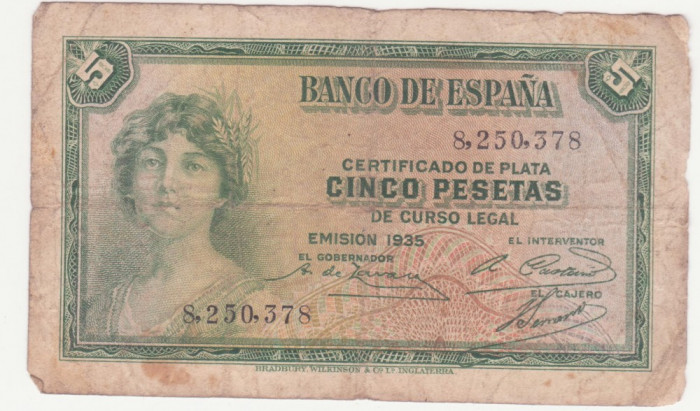 (5) BANCNOTA SPANIA - 5 PESETAS 1935