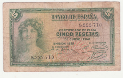 (6) BANCNOTA SPANIA - 5 PESETAS 1935 foto