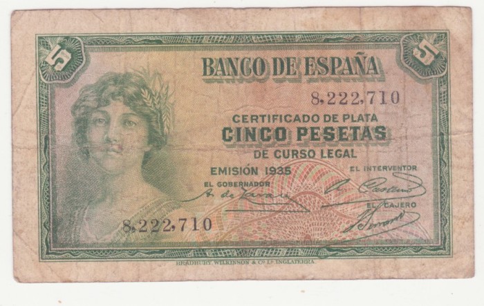 (6) BANCNOTA SPANIA - 5 PESETAS 1935