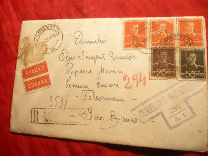 Plic circulat Expres ,cenzurat Bucuresti ,stamp. spec. Beluca Mandate 1943