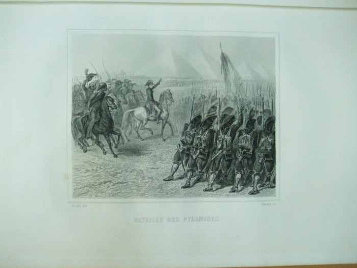Gravura Batalia piramidelor 21 iulie 1798 intre Napoleon si Mourad Bey Raffet Paris 1878