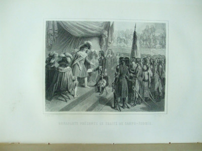 Gravura Pacea de la Campo - Formio incheiata intre Napoleon si Francisc I al Austriei 1797 Raffet Paris 1878 foto
