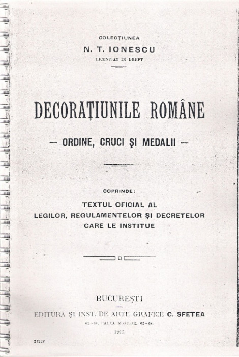 DECORATIUNILE ROMANE - ORDINE, CRUCI SI MEDALII - XEROCOPIE