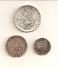 Lot de trei monede de argint - FRANTA - 5 franci, 1 franc si 50 de centime foto