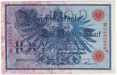 Germania bancnota 100 mark marci 07.02.1908 formatul mic stampila si serie rosie XF / a.UNC foto