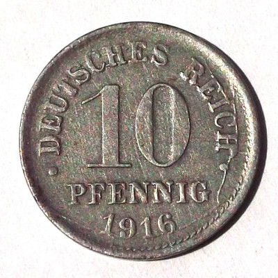 G5. GERMANIA 10 PFENNIG 1916 A, 3.6 g, Fe, EROARE FIRE PAR MULTIPLE, PUNCTE ** foto