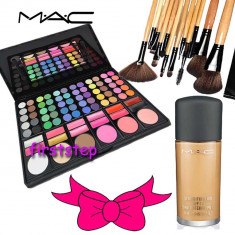 Trusa machiaj profesionala MAC 78 culori paleta farduri blush pudra + set 12 pensule make up machiaj BOBBI BROWN + Fond de ten MAC Studio fix 30ml foto