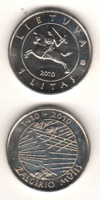 SV * Lituania 1 LITAS 2010 * 400 Ani Batalia de la Grunwald * UNC din fasic (!) foto