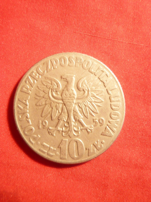 Moneda 10 Zloti 1959 Kopernik ,Polonia ,metal alb , cal.F.Buna