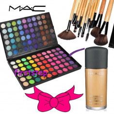 Trusa machiaj profesionala MAC 120 culori paleta farduri + set 12 pensule make up machiaj BOBBI BROWN + Fond de ten MAC Studio fix 30ml foto