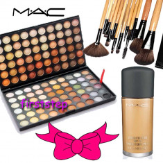 Trusa machiaj profesionala MAC 120 culori paleta farduri + set 15 pensule make up machiaj BOBBI BROWN + Fond de ten MAC Studio fix 30ml foto