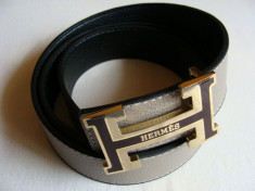 Curea Hermes H gri - negru cu catarama auriu lucios - marou inchis model 9 foto