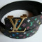 Curea Louis Vuitton LV negru cu semne LV colorate catarama metalica aurie