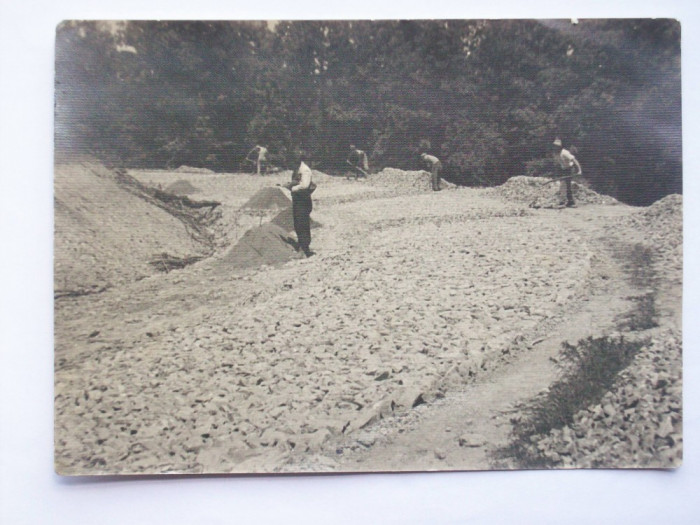 Fotografie veche(17,5/13cm.)care ilustreaza constructia unui drum.