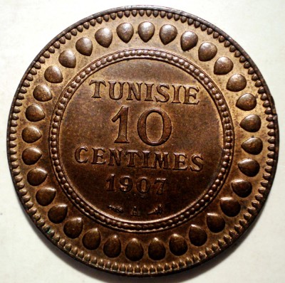 E.215 TUNISIA PROTECTORAT FRANCEZ MUHAMMAD AL-NASIR BEY 10 CENTIMES 1907 XF/AUNC foto