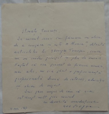 Scrisoare olografa a scriitorului Geo Bogza, datata 1967 foto