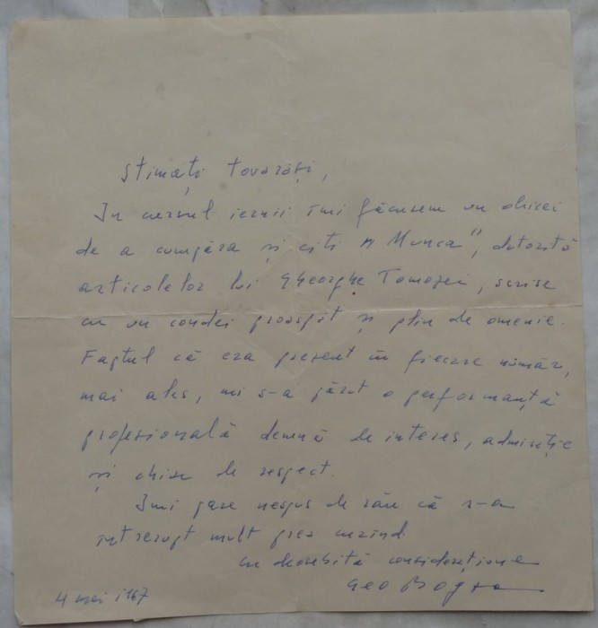 Scrisoare olografa a scriitorului Geo Bogza, datata 1967