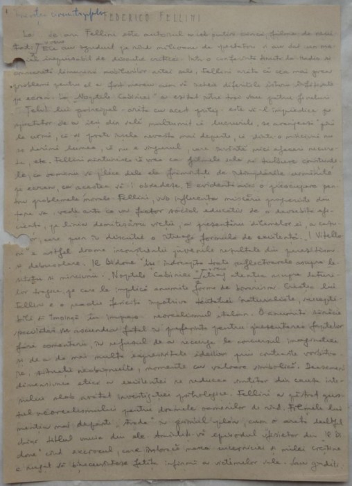 Manuscris Ovidiu S. Crohmalniceanu; Federico Fellini, 4 pagini olografe
