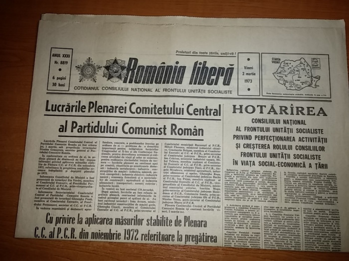 ziarul romania libera 2 martie 1973-lucrarile plenarei comitetului al PCR