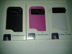 Husa / toc protectie SAMSUNG S4 9500, tip flip cover cu S view, deschidere laterala, culoare - alb - roz negru + folie foto