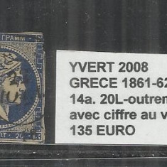 GRECIA 1861-62 - 14A.20L - OUTREMER FCE.AVECCIFFRE AU VERSO .- STAMPILAT