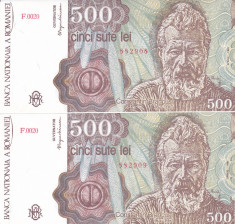 Bancnota Romania 500 Lei aprilie 1991 - P98b UNC (2 bancnote; serii consecutive) foto