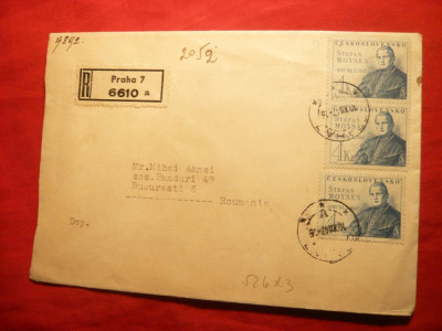 Plic circ. cu 3 x 4 kor. 1947 si Vigneta Internationala de schimb filatelic ,Cehoslovacia foto