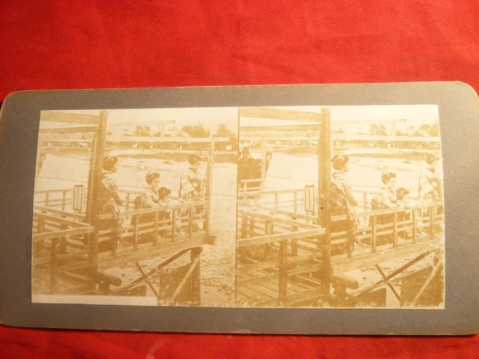 Fotografie stereoscopica Gheise in Kyoto , sfarsit sec.XIX Japonia
