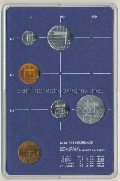 OLANDA █ SET COMPLET DE MONEDE █ FOLDER 1+5+10+25 Cents +1+2 1/2 Gulden 1986 UNC