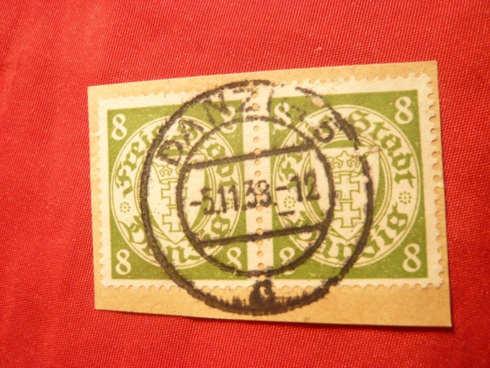 Pereche 8 Pf.verde 1937 Danzig , stampilat ,pe fragment