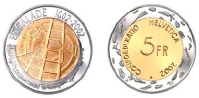 ELVETIA MONEDE COMEMORATIV 5 Franken 2002 KM-98 ESCALADE GENEVE UNC foto