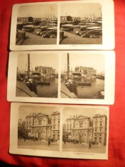 3 Fotografii stereoscopice - Napoli : Portul , S.Lucia si S. Ferdinando 1902-1904