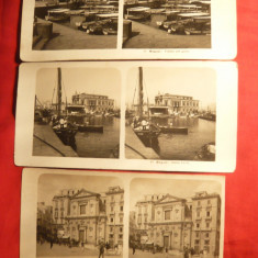 3 Fotografii stereoscopice - Napoli : Portul , S.Lucia si S. Ferdinando 1902-1904