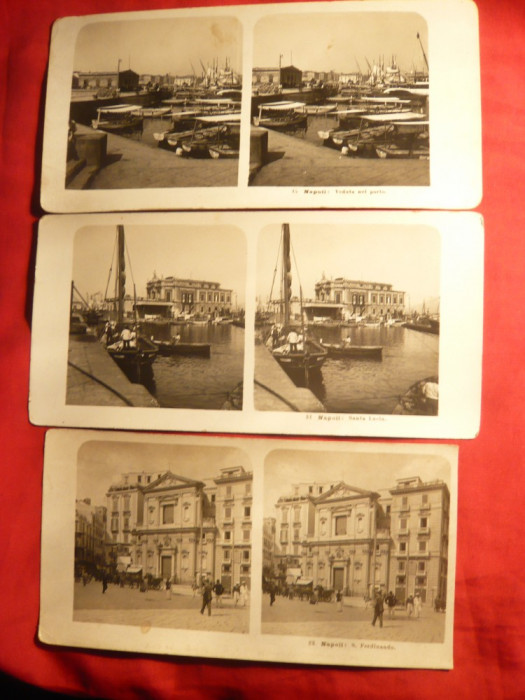 3 Fotografii stereoscopice - Napoli : Portul , S.Lucia si S. Ferdinando 1902-1904