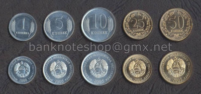 TRANSNISTRIA █ SET COMPLET DE MONEDE █ 1, 5, 10, 25, 50 Kopeek █ 2000-2005 █ UNC foto