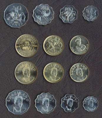 SWAZILAND SET COMPLET DE MONEDE 5+10+20+50 Cents 1+2+5 Emalangeni 1999-2007 UNC foto