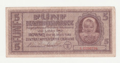 BANCNOTA UCRAINA - 5 KARBOWANEZ 1942 - OCUPATIE NAZISTA - MAI RARA foto