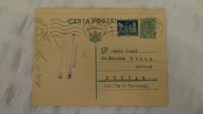 Intreg postal-marca fixa-Circulat 1937-Dr x-Avocat - deosebit - spate, semnat