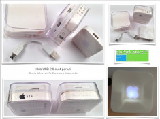 Port USB 2.0 hub cu 4 porturi asemanator Apple cu logo alb iluminat bleu foto