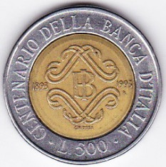 Italia 500 lire 1993,JUBILIARA CENTENARIUL BANCII ITALIEI,bimetal foto